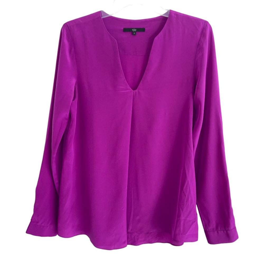 Tibi Purple Silk Long Sleeve Split Neck Top - Picture 1 of 4